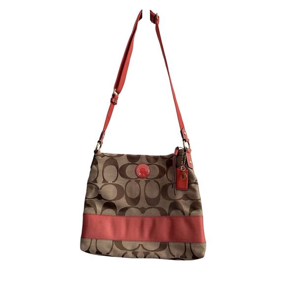 Coach Khaki Orange Signature Jacquard Leather Trim Shoulder Bag - Picture 1 of 5